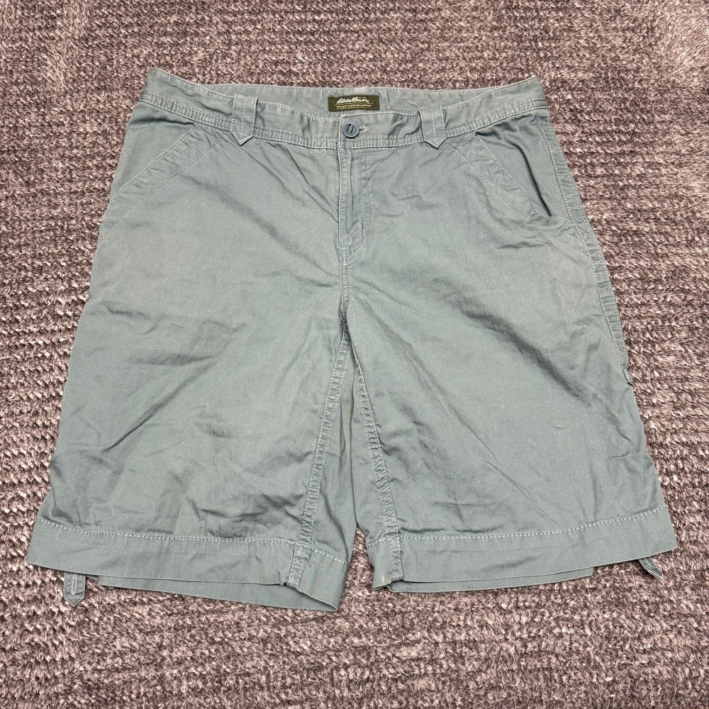 Eddie Bauer Womens Cargo Shorts Size 14‎ Teal Green 100% Cotton Adjustable Hem